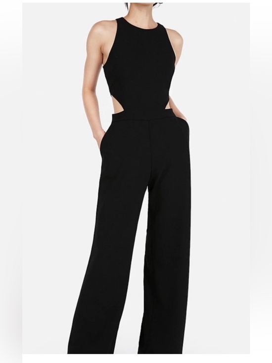 Express Pants - black Express crew neck cutout sides of waist wide leg jumpsuit w/pockets